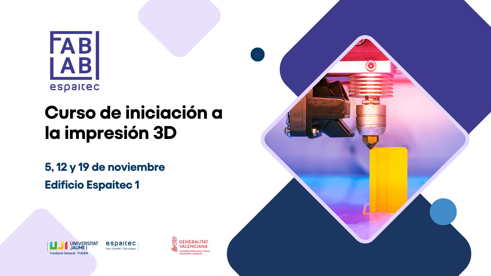 Cartel del curso de impresión 3D de noviembre del FabLab de Espaitec